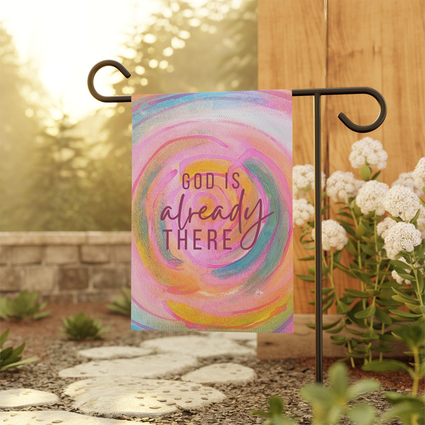 Garden Flag — "God Is Already There" Pastel Swirl