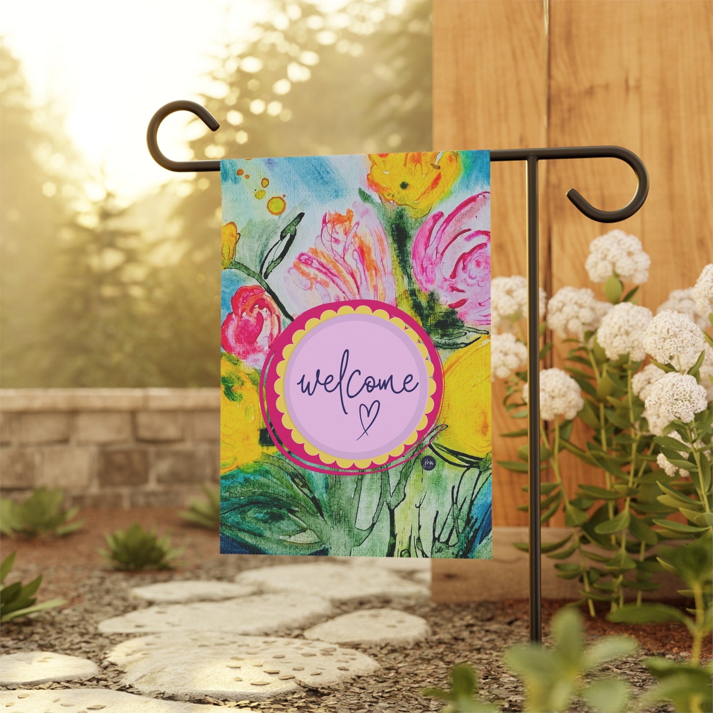 Welcome Floral Garden Flag — Colorful Watercolor Welcome Banner