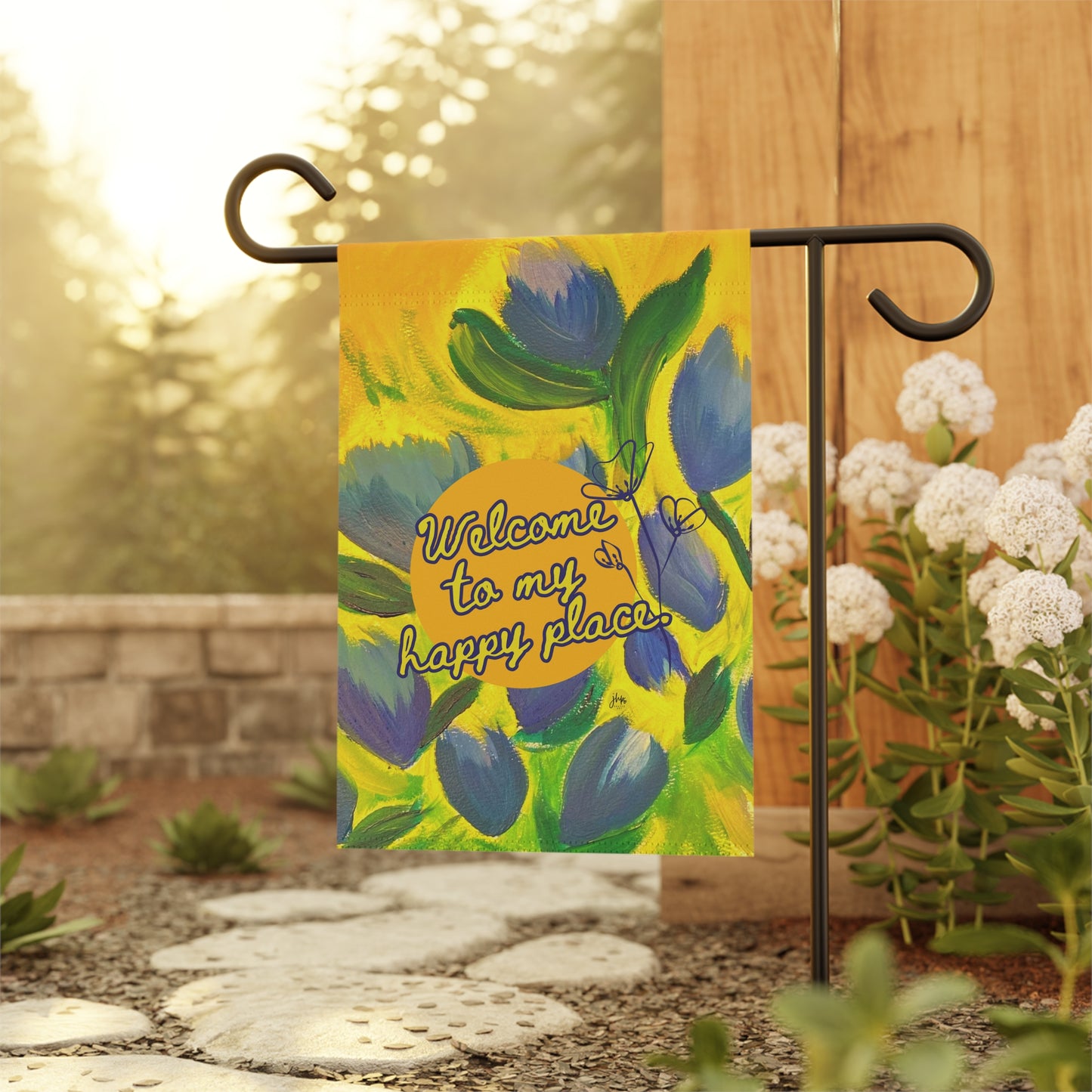 Garden Flag — "Welcome to My Happy Place" Floral Yard Banner