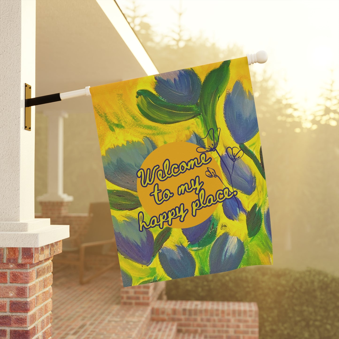 Garden Flag — "Welcome to My Happy Place" Floral Yard Banner