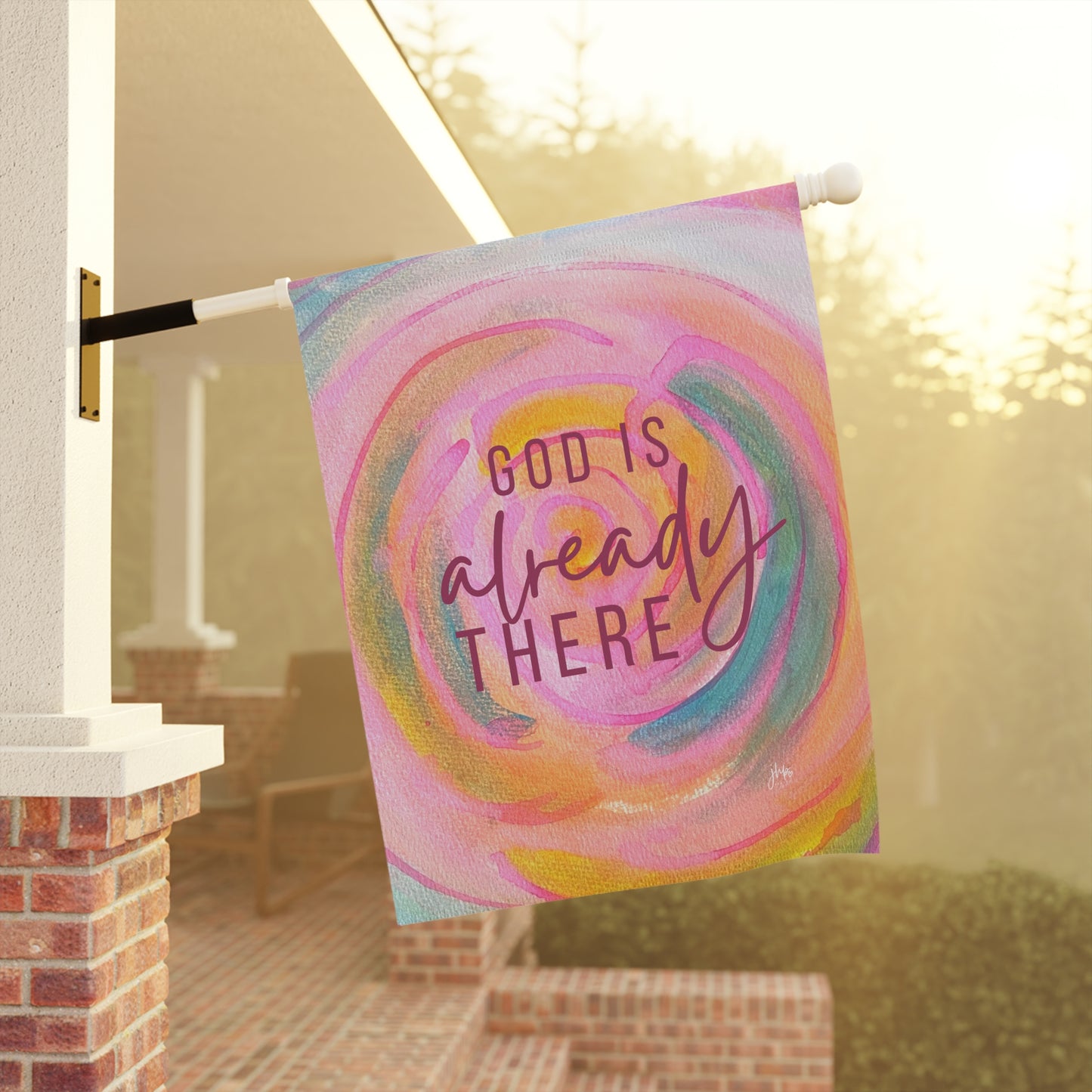 Garden Flag — "God Is Already There" Pastel Swirl